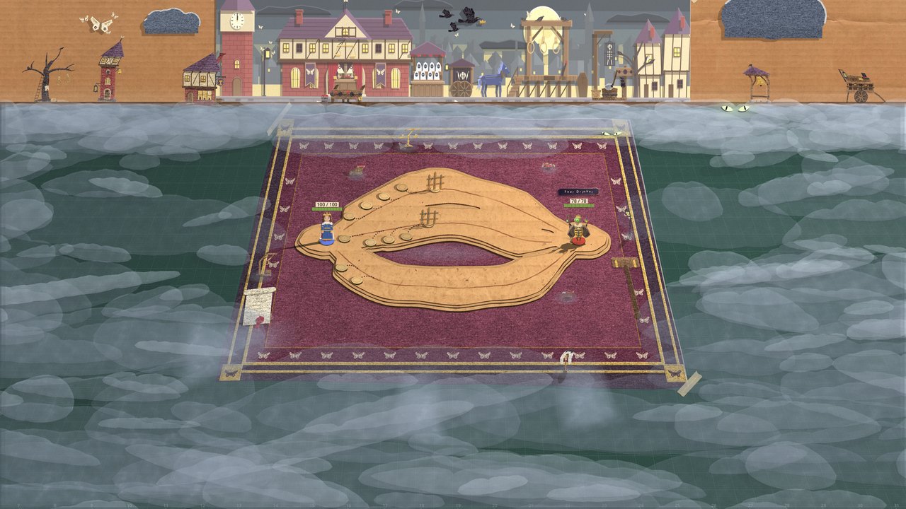 The Dread Court's arena after The Court Convenes: a low bank of grey-white tissue fog lies all round his maroon blanket and over the green cutting mat, thick at the foot of the box wall, its tongues lapping in over the blanket's gold border