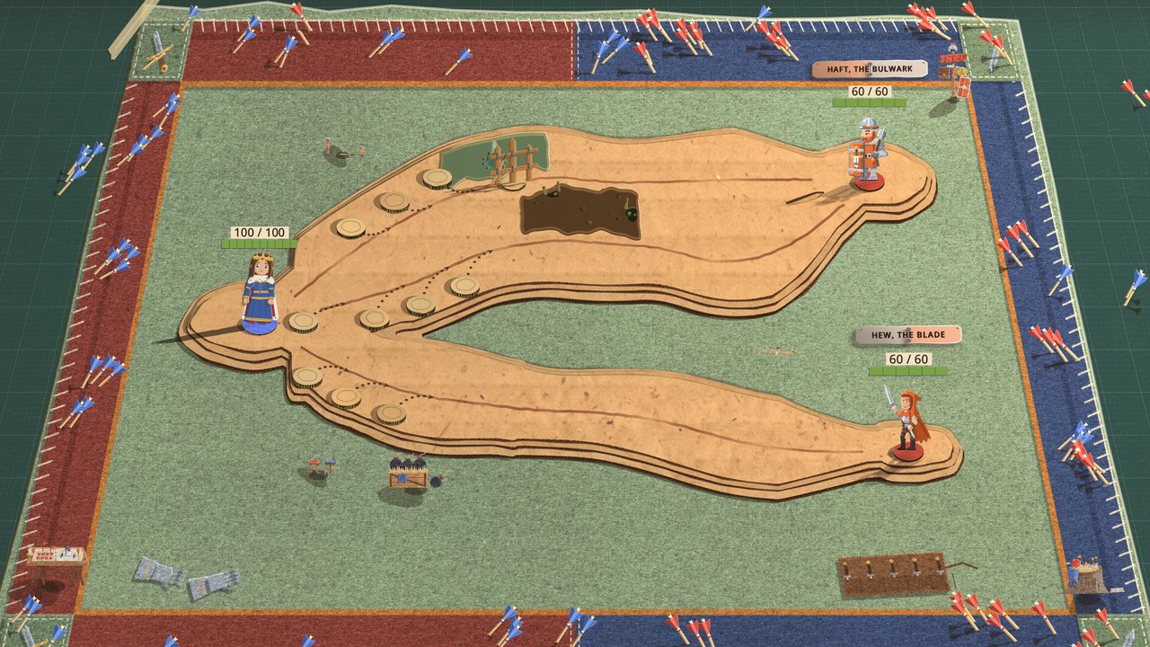 The Twins' arena after Back to Back: their green blanket's red and blue borders bristle with arrows stuck in at angles, blue-fletched ones in the red half of the border and red-fletched ones in the blue half, more stuck in the desk round it, with Haft, the Bulwark at the top end of the forked board and Hew, the Blade at the bottom