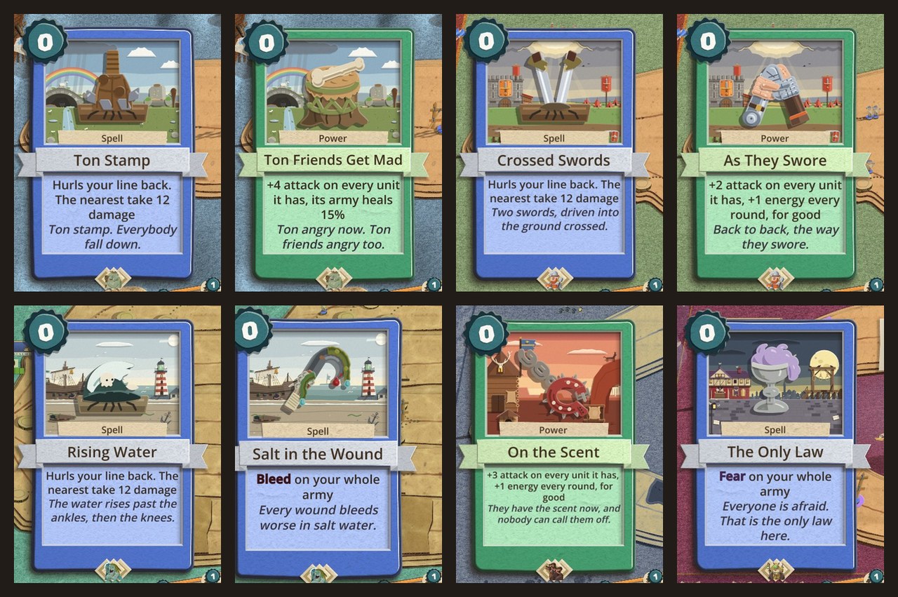 Eight cards played by phase breaks, cropped from the fights, each with its own name: Ton Stamp and Ton Friends Get Mad from Simple Ton's break, Crossed Swords and As They Swore from the Twins', Rising Water and Salt in the Wound from the Grave Tide's, On the Scent from the Blood Hunt's and The Only Law from the Dread Court's