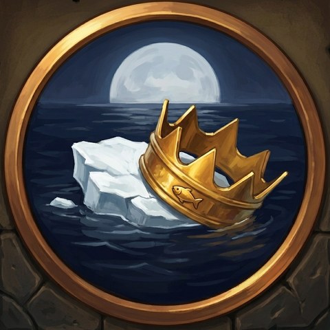 The Thin Ice achievement icon: Calvin's gold crown, a herring on its band, sliding off a small ice floe into a dark night sea under a low full moon, in a round bronze frame