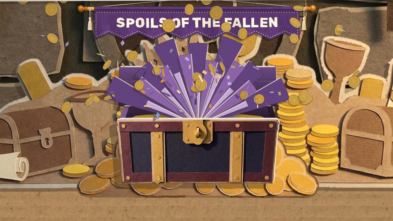 The boss chest after a boss fight, under a purple SPOILS OF THE FALLEN banner: a navy and plum chest with gold straps, its lid open behind it, a fan of violet and lilac card wedges bursting up out of it, gold paper coins and violet confetti flying