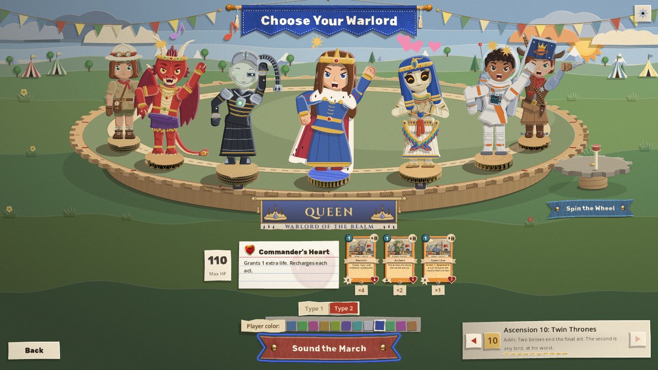The Choose Your Warlord screen: seven cardboard warlords on a round wooden stage in a fairground meadow, the Queen at the front in a blue gown with an ermine cape, her blue QUEEN sign with gold tiaras under her, and on the right a small crank on a cog with the blue Spin the Wheel ribbon hanging under it