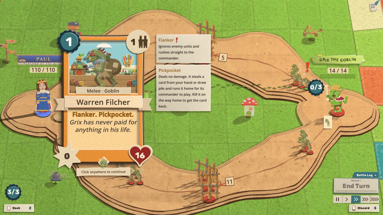 Grix's new Warren Filcher card held big over the board: a masked green goblin with a loot sack over his shoulder and one of your cards in his hand, cost 1, "Flanker. Pickpocket. Grix has never paid for anything in his life.", 0 attack and 16 health, with "Click anywhere to continue" under it. Beside the card hang two tips explaining Flanker and Pickpocket. Grix's energy seal reads 0/3