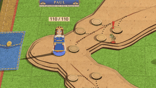 Close on your commander, the Queen in a blue gown under her blue name sign. A small masked goblin with a red exclamation mark over his head runs down the road to her, stops at her feet, comes away with one of your cards held over his head, and runs back up the road toward Grix with it