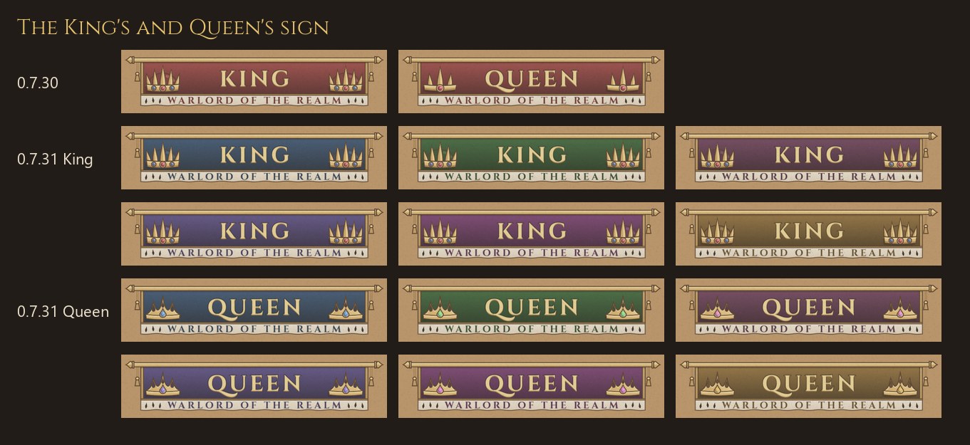 The King's and Queen's name sign, 0.7.30 against 0.7.31 on a dark board. Top row, 0.7.30: both signs hang crimson cloth from a gilt rod, the King's with two crowns, the Queen's with two small spiky crowns. Below, 0.7.31: the King's sign dyed in six banner colours, then the Queen's sign in the same six colours with a new gold tiara at each end
