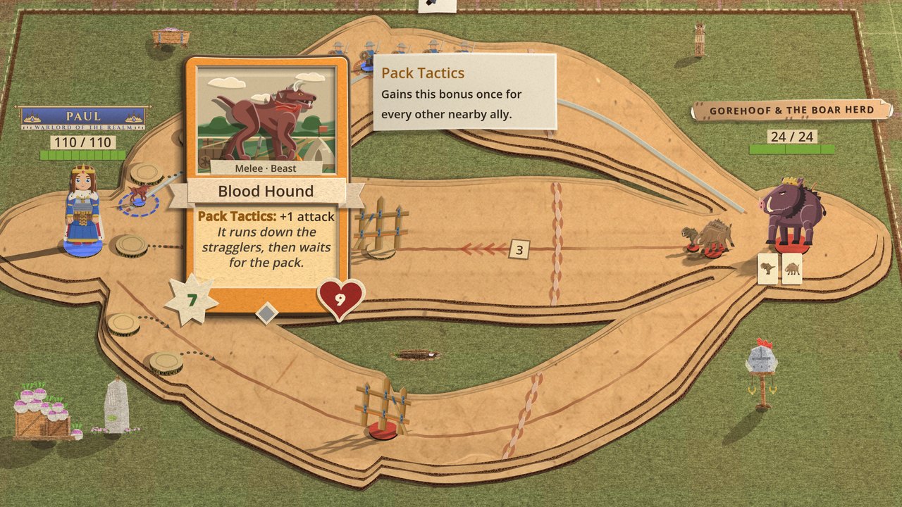 A Blood Hound pointed at on the board against Gorehoof and the Boar Herd: its card stands up with the Pack Tactics tip "Gains this bonus once for every other nearby ally.", and across the middle and bottom roads, where its reach ends, lies a chain of interlinked paper loops
