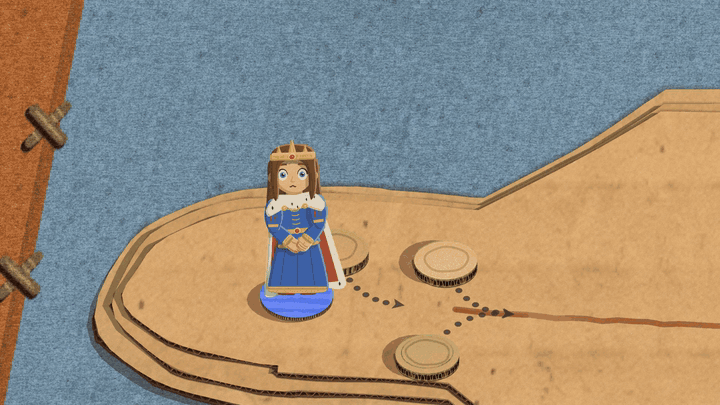 A green paper troll with a log club walks up to the player's queen on a cardboard board. She cuts off one of his arms and it lies on the board, then he swings the log down on her head three times and she sinks into a round hole until only her head and arms stick out