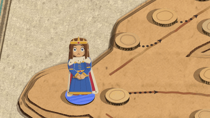 A bald, bearded monk in a brown habit steps toward the queen ringing a small brass bell, and she reels with stars around her head. A huge gold bell drops on a rope over her with gold sound lines around it, lifts away, and she sways and falls flat at the monk's feet