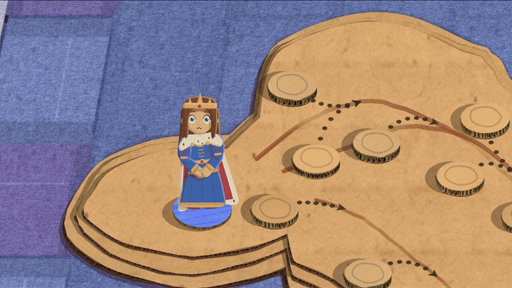 A big purple paper spider lowers herself on a silk thread to face the queen, holding a rolled newspaper in one leg. She swings it down and the queen is squashed flat on the board with her arms and legs spread, then the spider climbs back up out of the picture