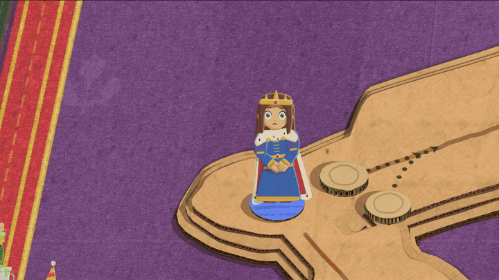 A green slime blob wearing a gold crown stands beside the queen, who slashes through it with her sword. It splits into two crowned blobs, one on each side of her, and they flop together over her into one. Then she is spat out of the top and lands on her back in a green puddle