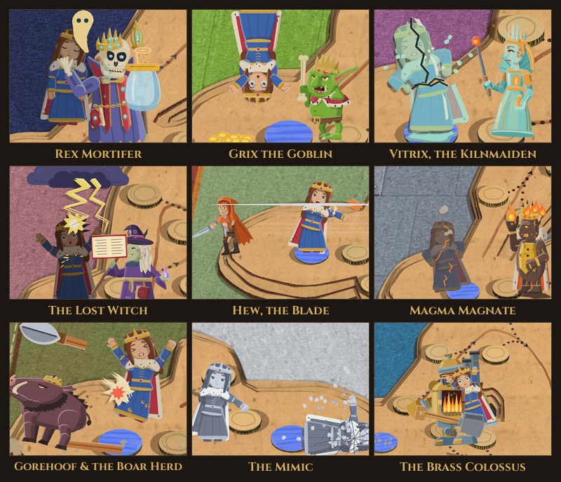 A three by three grid of game frames on a dark brown background, each captioned in gold. Rex Mortifer, a crowned skeleton, holds the queen by the throat as a pale ghost of her floats up toward his glass jar. Grix the Goblin holds her upside down by the ankles beside a pile of gold coins. Vitrix, the Kilnmaiden stands beside the queen glazed green and cracked down the middle. The Lost Witch reads from a floating book while lightning from a storm cloud strikes the queen. Hew, the Blade stands behind the queen after a white sword line cuts across the frame. Magma Magnate, a stone figure crowned with candle flames, stands beside the queen turned to grey cracked slag. Gorehoof and the Boar Herd: a crowned boar charges as the queen flies backward and a snapped spear spins away. The Mimic, a silver copy of the queen, stands over her as she lies cracked and silver. The Brass Colossus, a brass boiler robot, shovels the queen toward its open firebox