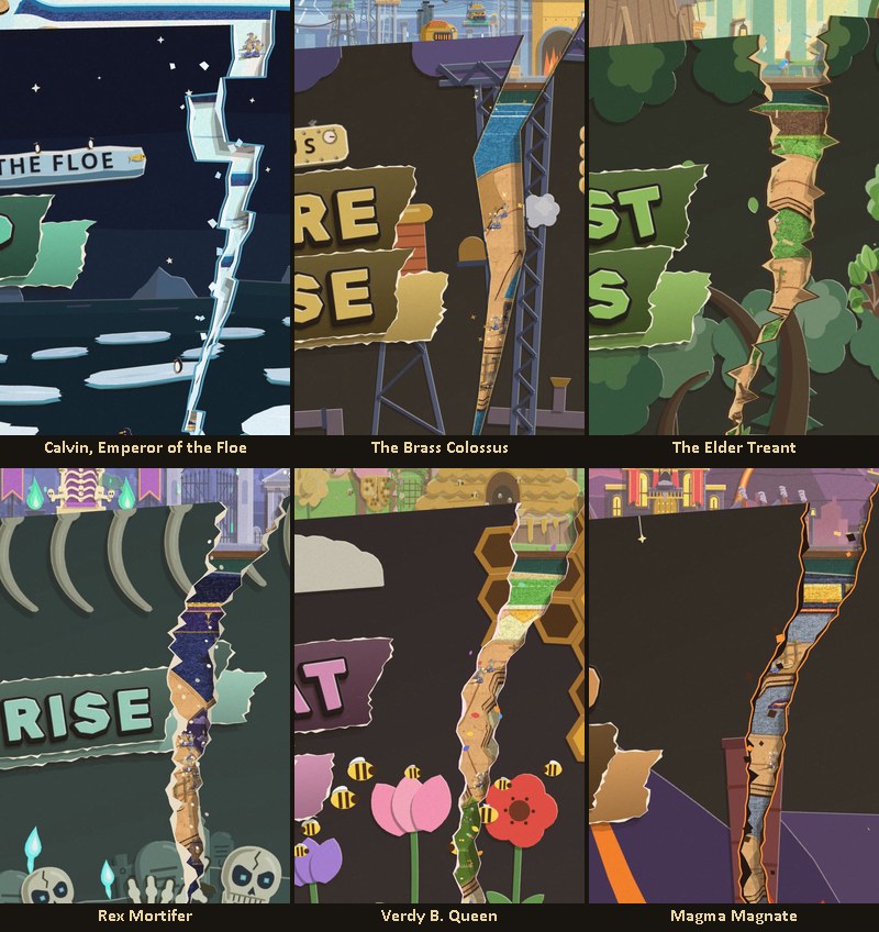 Six tall panels in a three by two grid, each labelled with a boss name. In each, a dark phase banner is split by a jagged vertical tear and the game board shows through the gap. Calvin, Emperor of the Floe: the tear jogs in square steps with white ice edges. The Brass Colossus: a straight tear with a sharp kink and a thin bright metal edge. The Elder Treant: a splintered tear with pale wood along both edges. Rex Mortifer: a ragged tear with pale crumbling edges above a row of skulls. Verdy B. Queen: a wavy scalloped tear beside honeycomb and paper flowers. Magma Magnate: a tear with a dark scorched edge and an orange glow