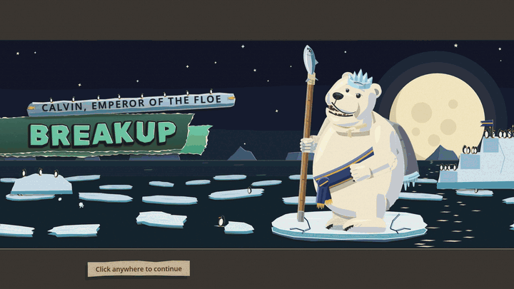 A night banner reading Breakup shows a white polar bear with a spear on an ice floe under a full moon. A crack with white ice edges opens down the middle in square jogs, and the two halves tip and sink out of the bottom of the frame. Behind them is the game board: a white ice mat with a blue patterned border on a green desk. The tear is slowed to a quarter speed