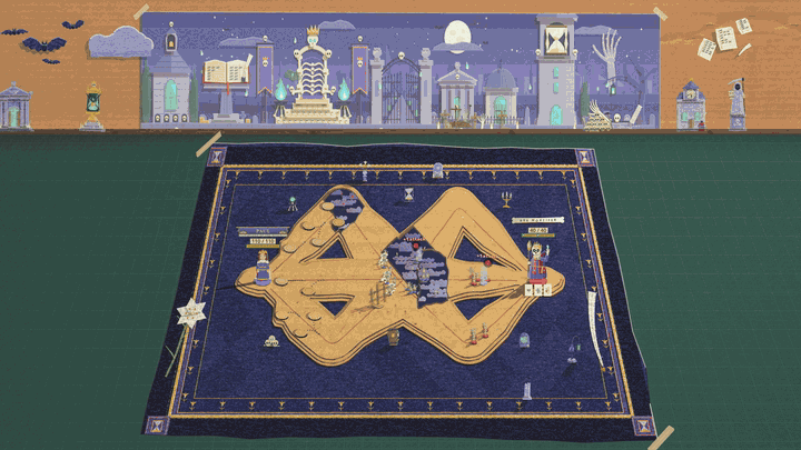 The game board, a long road on a dark blue velvet mat, is covered from the top by a plain dark sheet that rolls down over it. A row of gravestones rises along the bottom, then Rex Mortifer, a crowned skeleton king in a purple robe holding a jewelled staff, rises into frame under a ribcage arch. The title The Dead Rise lands on a torn banner and a row of skulls and bony hands comes up along the ground. The first part is slowed to a quarter speed