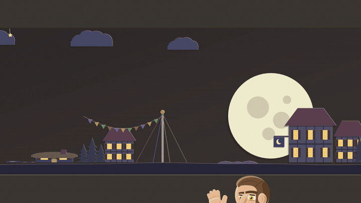 A night village of cut paper: a church tower, cottages with lit yellow windows, bunting on a maypole and a big pale moon. Wally, a smiling man in a yellow cardigan holding a green watering can, rises into frame and waves. The moon grows and a jagged pale ring stands out round it, every window in the street goes dark, and the title The Moon Answers lands on a torn purple banner