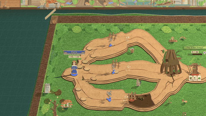A wide view of a green felt mat with a long cardboard road on a dark green desk under a painted forest backdrop. A crack runs along the mat's brown border, and one after another, brown bark roots burst up out of it, arch over the frame's edge and come down onto the desk beyond, their tips curling. Small green saplings sprout beside them