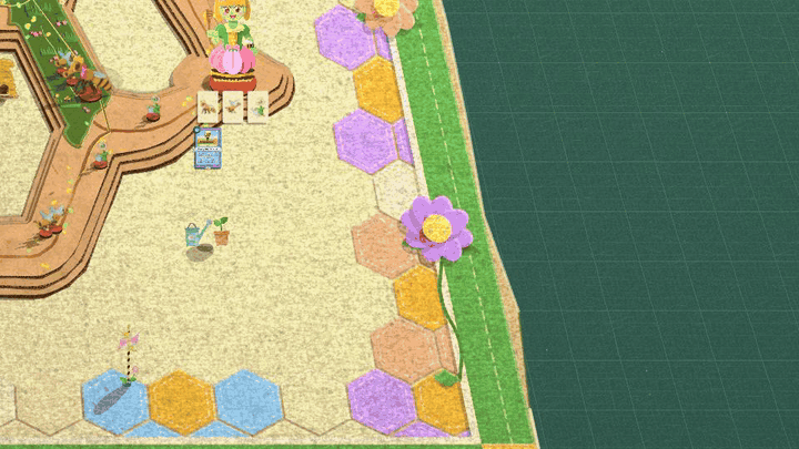 A close view of the Queen's end of a pale sand-coloured mat with pastel hexagon tiles along its green border. A thick ribbon of cartoon bees streams in along the bottom edge and up the right side, swarms into a cloud, and a tall stack of golden honeycomb rises out of the border in rounded tiers. Pink and purple paper flowers open at its foot, and a few bees stay working them