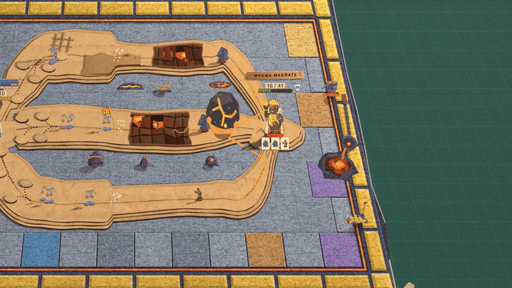 A close view of the Magma Magnate's end of a grey slate-tiled mat with a yellow brick border and a cardboard road. Glowing orange tears split open in the felt beside him and race away along the border and round the bottom of the board, each a ragged dark crack lit orange inside. Paper flames stand up out of the tears