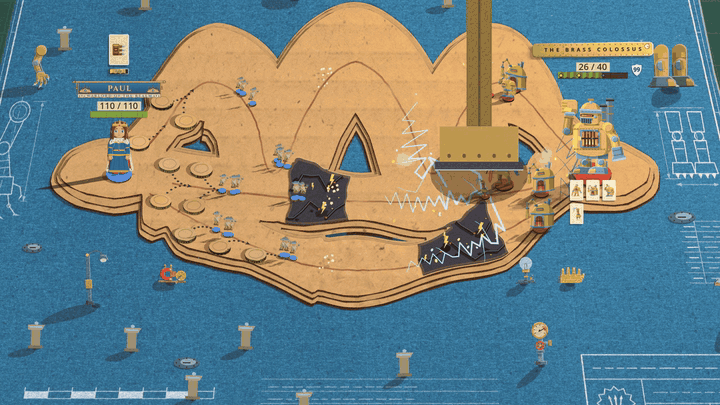 A blue blueprint mat with a big cardboard board shaped like three humps, the player's queen on the left and a brass robot on the right. A brass ram swings away, then pipes and valves in brass and red pop up out of hatches in the blue margins round the board: a tall pipe with a red wheel and a gauge beside the robot, a twin set of pipes on the left, and low vents along the bottom. White steam clouds blast out along the floor and drift away