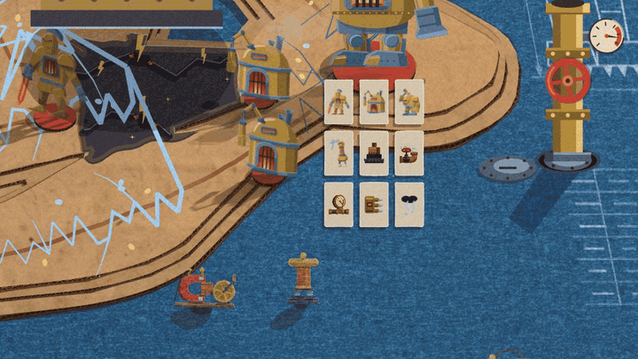 A close view of the Brass Colossus's corner of a blue blueprint mat, beside a column of small unit cards and a tall brass pipe with a red wheel. Lightning crackles over the board. Steel legs rise from the floor, a long belt with yellow and black hazard edges runs out along them, amber beacons light at both ends, and small brass parts ride the belt along