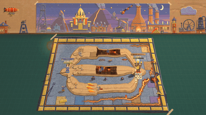 A wide view of the Magma Magnate's mat with glowing tears already in the felt, under a painted dusk of a palace, a volcano and a factory. Fire runs across the backdrop card and burns it away to a black kiln wall with a glowing furnace mouth. Then the mat burns away from the Magnate's end, leaving a deep pit of cracked orange lava under the cardboard road, with cut paper flames standing along its edge