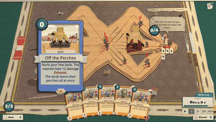 A top-down view of a cardboard battle board on a dark felt mat, with the player's card hand along the bottom. A flock of paper vultures and crows wheels over the board, a green power card titled Full Bellies appears on the left, and then small paper soldiers start marching along the tan roads while birds settle along the edges of the mat