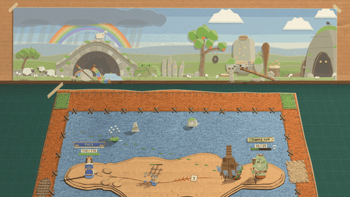 A paper backdrop card of a rainy hillside with a rainbow, taped to a cardboard wall above a blue felt mat with an orange border. The felt rucks up into folds, the card tips down on its right end, and a small strip of tape drops onto the green desk below the right corner. The card stays hanging at a slight angle