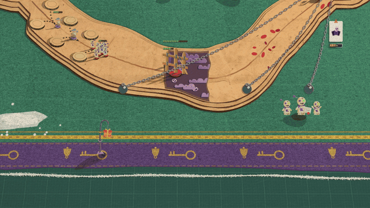 A close view of a green felt blanket with a purple border printed with keys, beside a tan cardboard road. Dark purple-black ink lines run across the felt in arcs and straight strokes, tally marks fill in between them, a red wax seal is pressed onto the border, and the lines light up bright green, then settle to a faint green glow