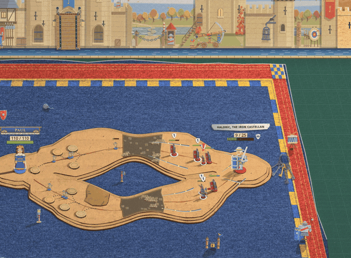 A blue felt blanket with a red and yellow checked border and a cardboard road in a loop, below a paper backdrop of a sand-coloured castle. A drawbridge drops from the castle gate, a line of small red shield-bearing paper soldiers marches down it and across the felt past a commander figure, and they stop in a curved line of red shields beside the road at the right