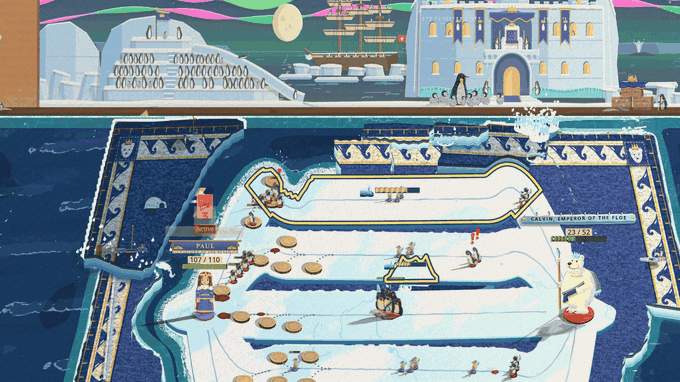 A white ice board of parallel lanes on a dark blue sea, edged by a blue patterned mat, under a backdrop of an ice palace and penguins. The mat pieces along the far edge tilt and slide into the water, then the far lane of ice cracks into five pale blue slabs that drift apart and sink, leaving open water