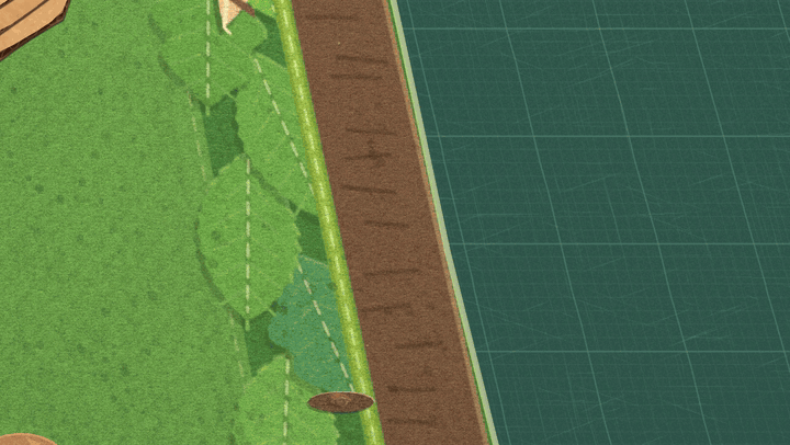 A close view of the edge of a green felt mat with a brown border band next to a dark green desk. A wavy crack runs along the border, the felt bulges and bursts open in pointed green wedges, and a thick brown paper root rises out of the hole and arches over the edge onto the desk, ending in a spray of twigs
