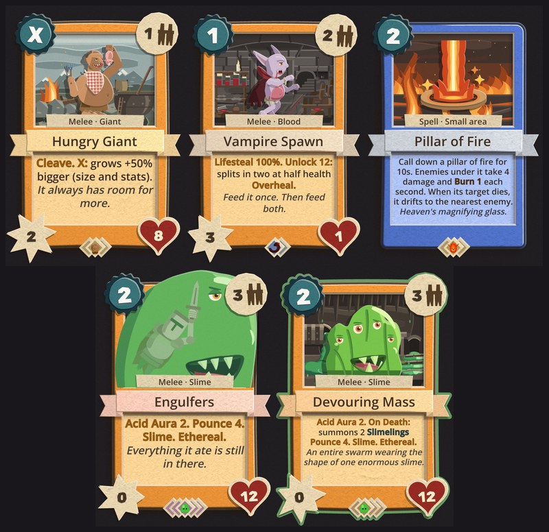 Five cardboard card faces on a dark background, three on top and two below. Top row: Hungry Giant, a pot-bellied giant dangling a pig over his mouth, with an X in the cost seal; Vampire Spawn, a pale lilac bat-eared fledgling, cost 1; Pillar of Fire, a blue spell card showing a column of fire pouring onto a scorched ring, cost 2. Bottom row: Engulfers, a huge green slime with a knight suspended inside it, cost 2; Devouring Mass, a green slime with many eyes, cost 2
