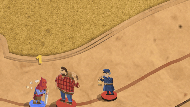On a sandy road, a red-hooded executioner on a blue base strikes a big lumberjack in a red check shirt. A pale line cuts straight across him, the word Executed! floats up in steel blue, and his top half slides off and drops. The executioner walks on to a blue-uniformed watchman with a lantern, and the same cut splits him too