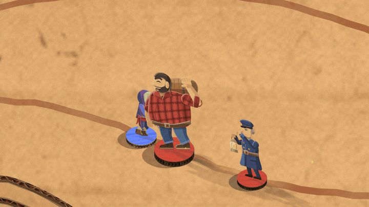 A purple hooded figure with a knife fights a lumberjack on a sandy road. The lumberjack falls, the hooded figure tears in two like paper, the halves fall away, and a lumberjack in a red check shirt stands on a blue base where the figure was