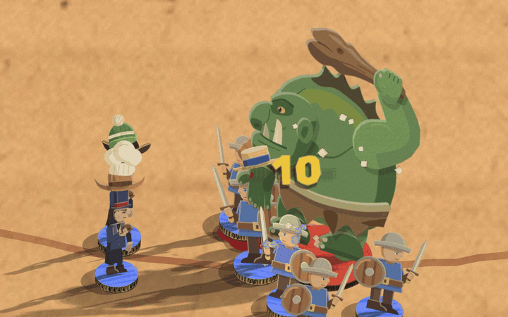 Two small figures in top hats stand behind a row of soldiers fighting a big troll on a sandy road. As soldiers fall, hats fly up off them and land on the collectors' heads, building two tall wobbling towers of different hats that bend as the collectors walk