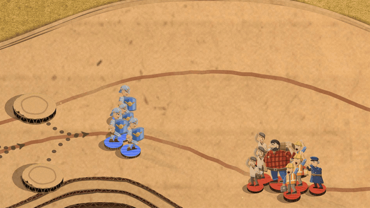 A tall red, orange and yellow column of paper fire pours down onto a crowd of townsfolk on a sandy road, with a ring of flame tongues at its foot. Burn numbers float up. Blue-shielded soldiers march in from the left as the crowd falls, and the column slides along the road, leaving a dark scorched trail behind it