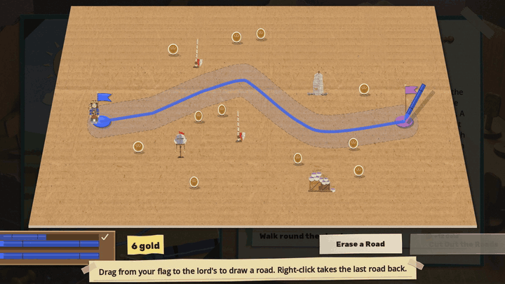 A sheet of corrugated card seen from above with toys, gold coins, a blue flag on the left and a purple flag on the right. A blue crayon line is drawn across it, then a second with a loop in the middle, then a third. The lights dim, a red craft knife traces round the roads, and the card outside them drops away, leaving the roads standing as a cut-out board