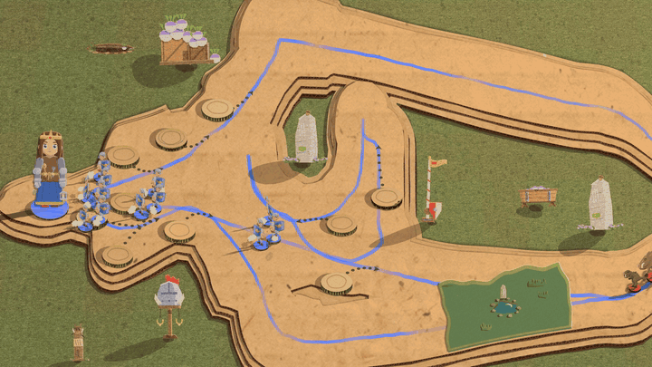 A cardboard battlefield shaped like the cut-out roads, with a queen commander on the left and toy props on grass around it. Blue crayon lines run along three raised card roads, one of which loops back on itself. Small blue-shielded soldiers march along the roads and round the loop while two boars come the other way