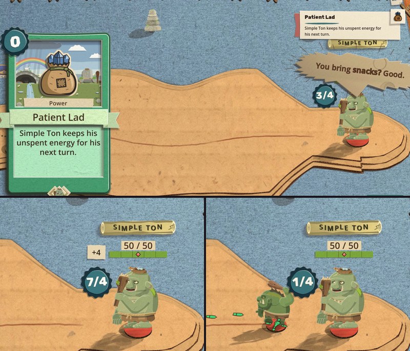 Top: a green power card titled Patient Lad, cost 0, showing a burlap sack with blue gems bursting from its mouth, reading Simple Ton keeps his unspent energy for his next turn. On the right a troll commander with a club stands beside an energy seal reading 3/4, under a speech bubble saying You bring snacks? Good. Bottom left: the troll's seal reads 7/4 with a +4 tag. Bottom right: the seal reads 1/4 with a -6 tag as a smaller troll steps onto the road