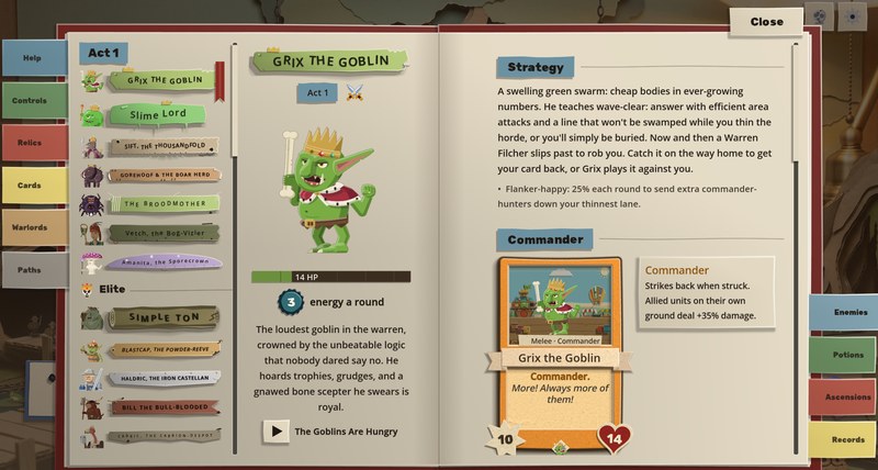 An open red book. On the left page, a list headed Act 1 of lord nameplates with small portraits, Grix the Goblin marked with a red ribbon, then an Elite heading with Simple Ton and others. Beside it, a large portrait of Grix the Goblin, a crowned green goblin holding a bone, with 14 HP and 3 energy a round. The right page has a Strategy heading with a paragraph and a Commander heading with Grix's commander card