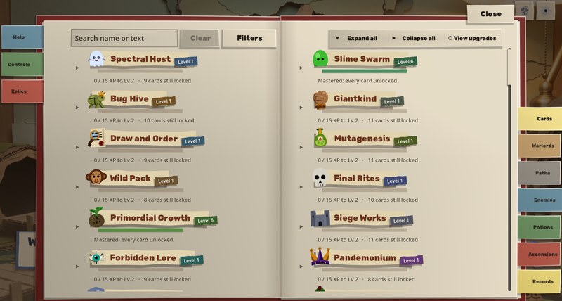An open red book with a search box and Filters button at the top left, and Expand all, Collapse all and View upgrades at the top right. Below, pack nameplates with crests and level tags fill both pages: Spectral Host, Bug Hive, Draw and Order, Wild Pack, Primordial Growth and Forbidden Lore on the left; Slime Swarm, Giantkind, Mutagenesis, Final Rites, Siege Works and Pandemonium on the right