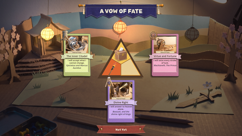 A paper garden at dusk with lanterns hanging from a gate. A banner reads A Vow of Fate. Three vow cards, The Inner Citadel, Virtue and Fortune and Divine Right, sit around a large paper triangle whose top corner is filled in orange