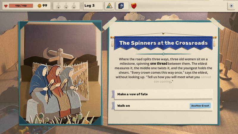 A pop-up event page. Three old women in shawls sit on a milestone spinning a thread. The text box is titled The Spinners at the Crossroads, with the choices Make a vow of fate and Walk on