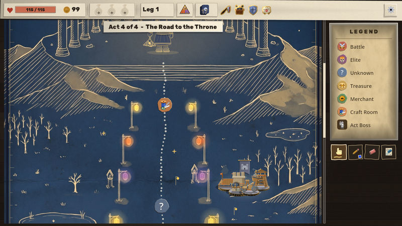 The fourth act's map, a dark blue chart titled The Road to the Throne, with a dotted path running straight up past lit lanterns, bare trees and two camps of paper soldiers beside the road