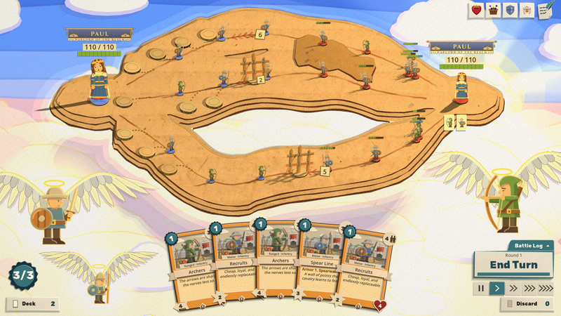 The figure eight board floating in a bright sky of clouds, with paper angels holding a sword and a bow at the edges and a hand of cards along the bottom