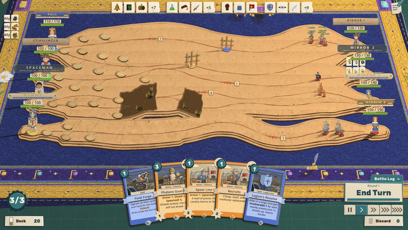 A co-op final fight on a wide board with four mirror commanders at the far end, one for each player, and a hand of cards along the bottom