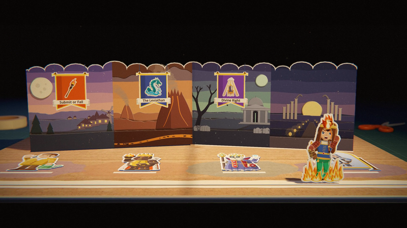 The pop-up book's road. Three land panels stand along the back, each with a vow banner hanging in its middle, and the warlord stands on the road in front of them