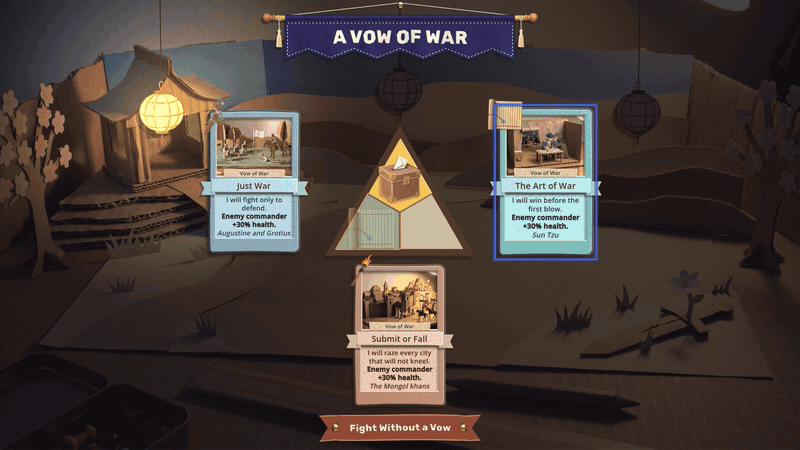 The three vow cards in the garden. One is pressed, the other two fly off, and it folds into the triangle, whose corner fills with orange as a lantern lights above it