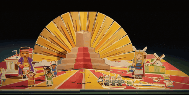 More pieces stand up along the front of the pyramid, then a king rises at the foot of the steps and the people on both sides turn to face him and bow