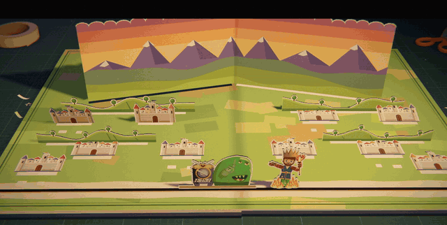 A green land under a sunset back wall of purple mountains, with paper cities spread across it and the warlord standing at the front beside a green slime. One by one cities catch fire and go dark, and the rest turn to temples